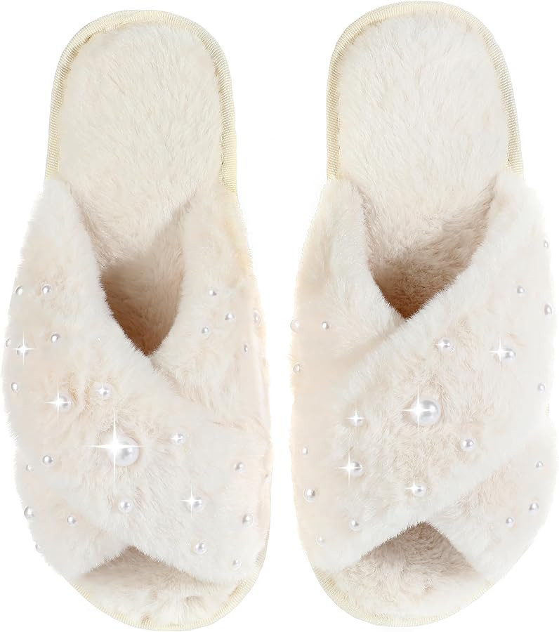 Bride Slippers for Wedding Day White Fuzzy Slippers with Pearls for Bachelorette Party Bridal Sho... | Amazon (US)
