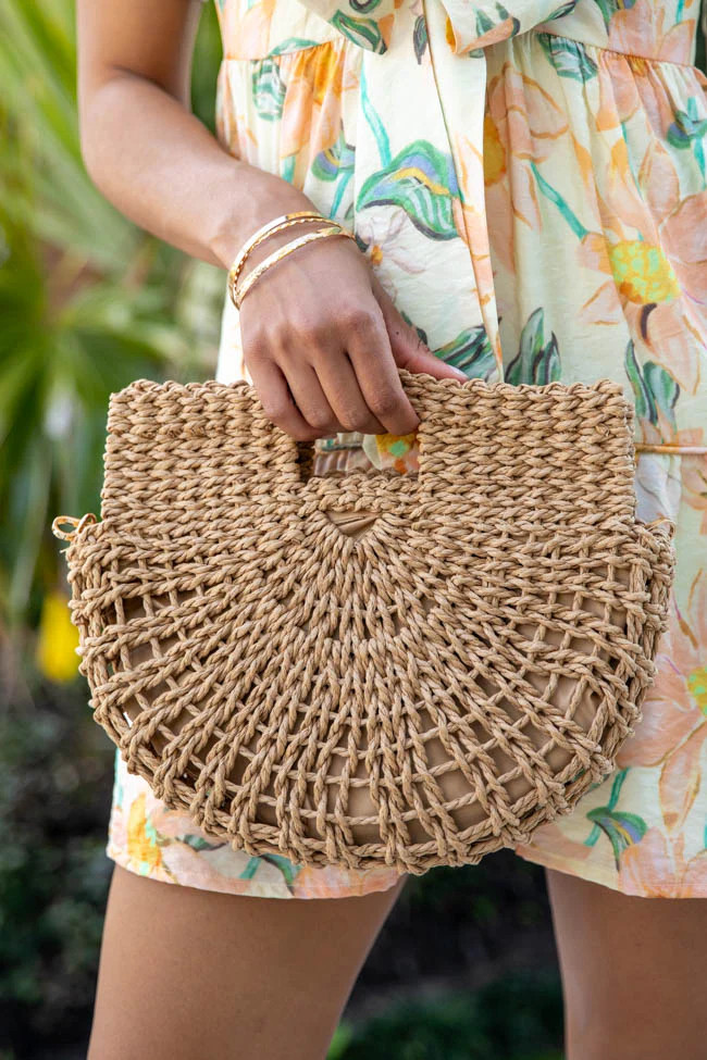 Brown Moon Shape Straw Bag | Pink Lily