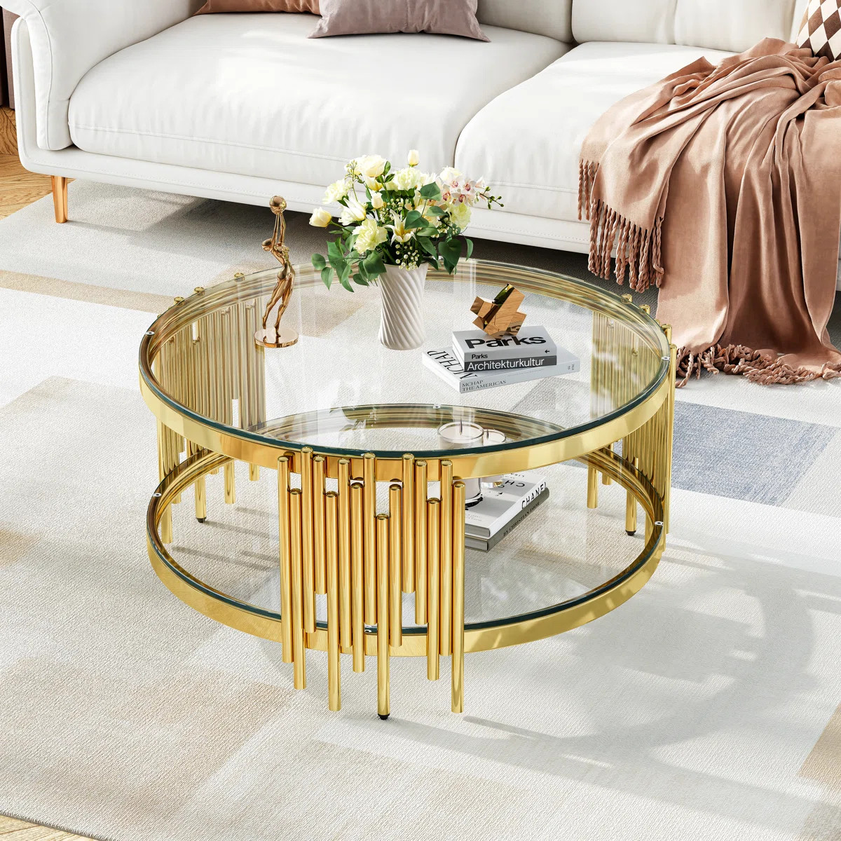 Modern Round Glass Coffee Table, 35.43” Two-Tier Tempered Glass Top And Irregular Cylindrical Stainless Steel Tube Frame | Wayfair North America