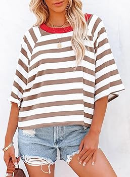 Dokotoo Tops for Women Striped 2024 Fashion T Shirts for Women Color Blocking Design Loose Basic ... | Amazon (US)