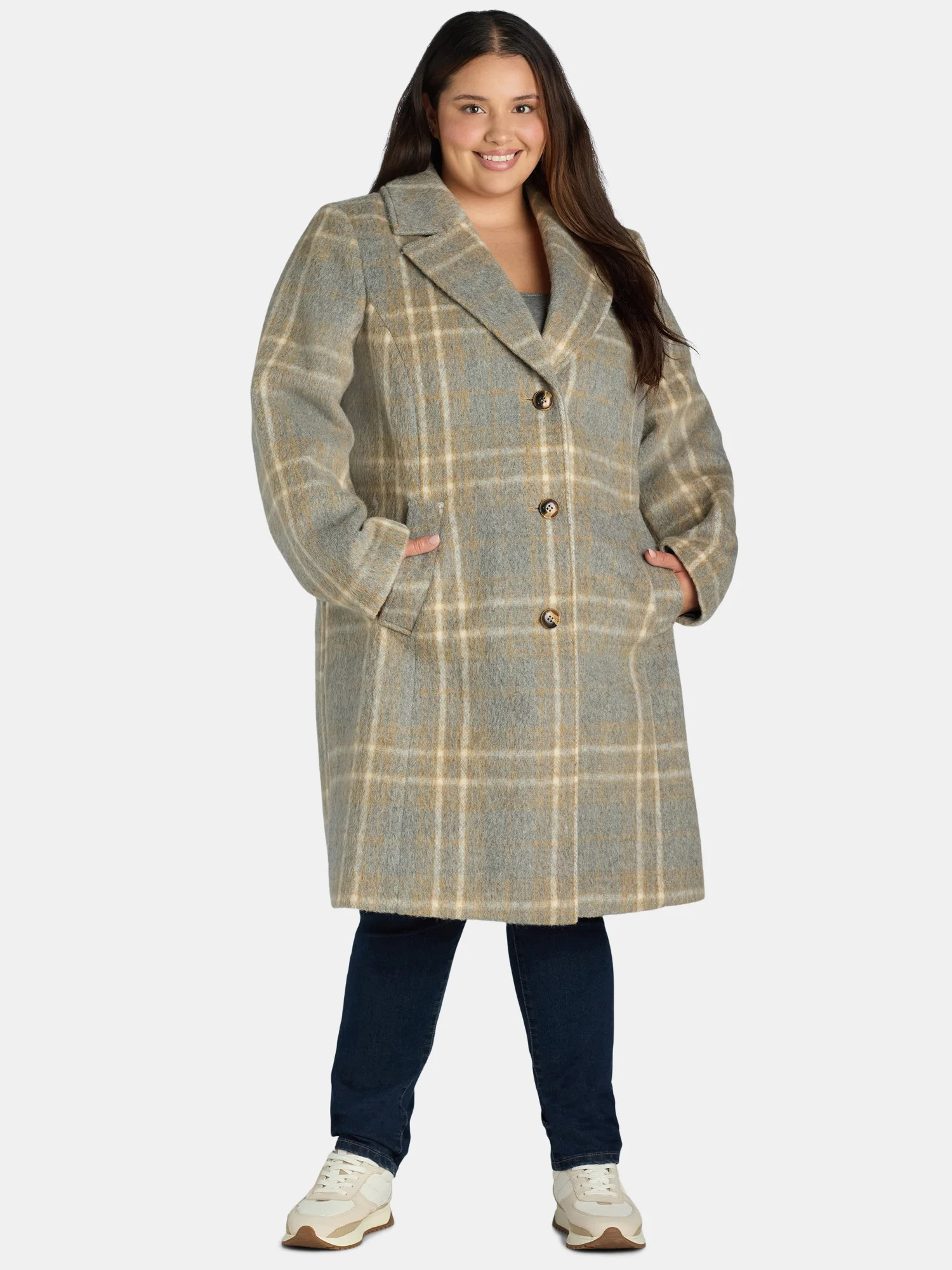 Time and Tru Women's and Women's Plus Faux Wool Solid Button Front Coat, Sizes XS-3X | Walmart (US)