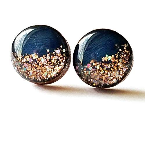 Hand painted navy blue with rose gold glitter wood stud earrings 10mm | Amazon (US)