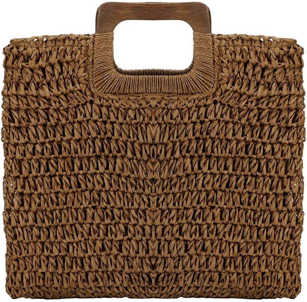 Large Handwoven Straw Bag Travel Shopping Handbag Woven Straw Beach Bag for Women Girls (Brown) | Amazon (US)