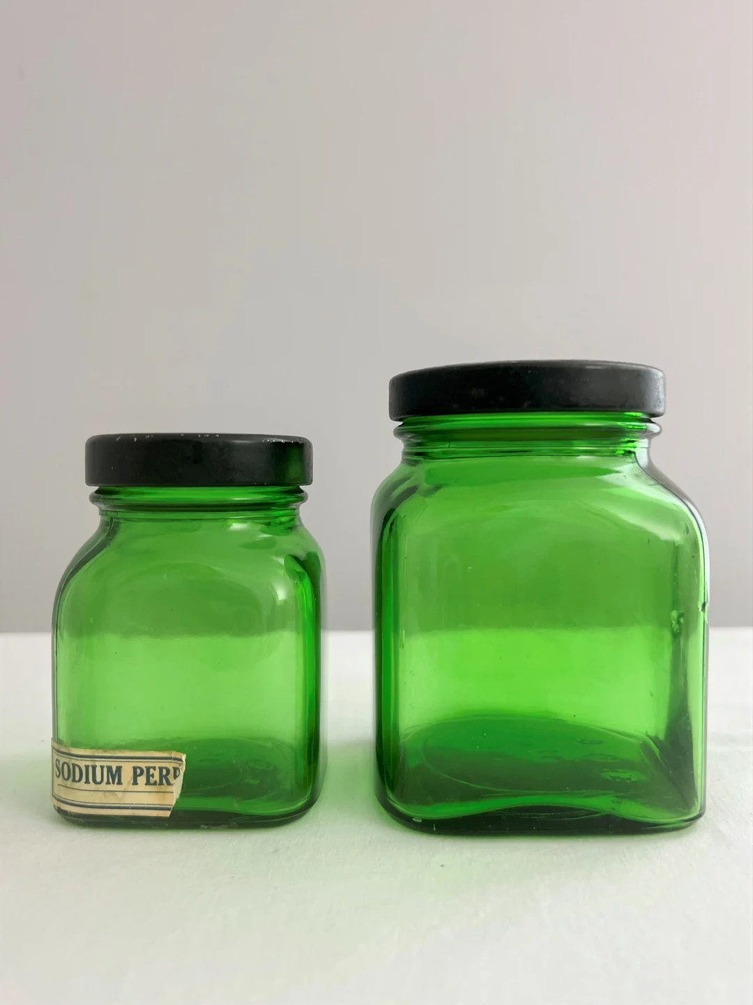 2 Vintage Green Glass Black Screw on Lid Pharmacy Jars Green Pharmacy Jars 2 Green Duraglass Medi... | Etsy (US)