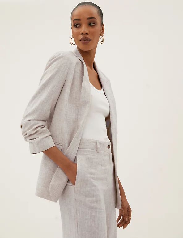 Linen Blend Ruched Sleeve Blazer | M&S Collection | M&S | Marks & Spencer (UK)
