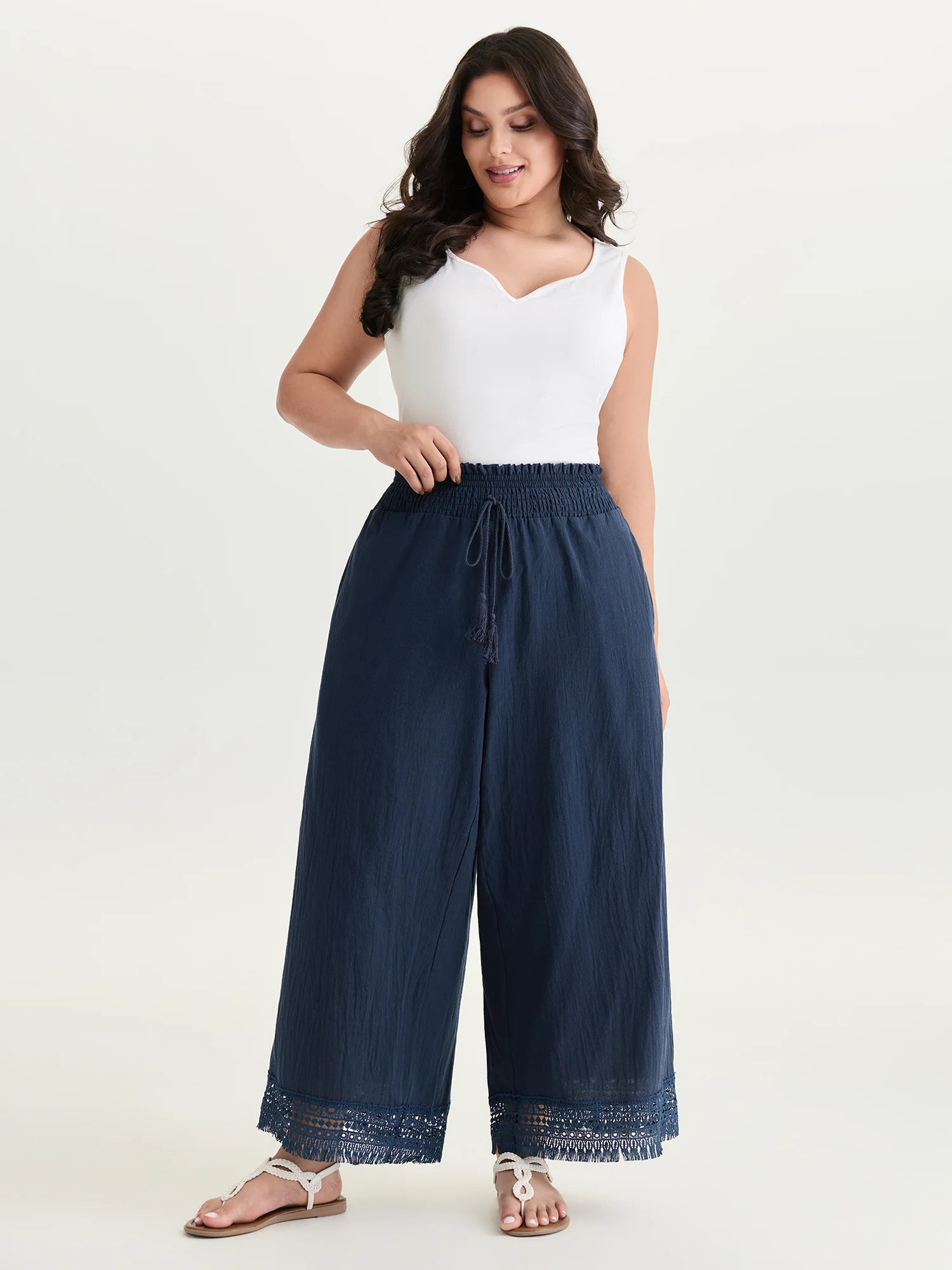 Cotton Wide Shirred Waistband Lace Hem Pants | Bloomchic