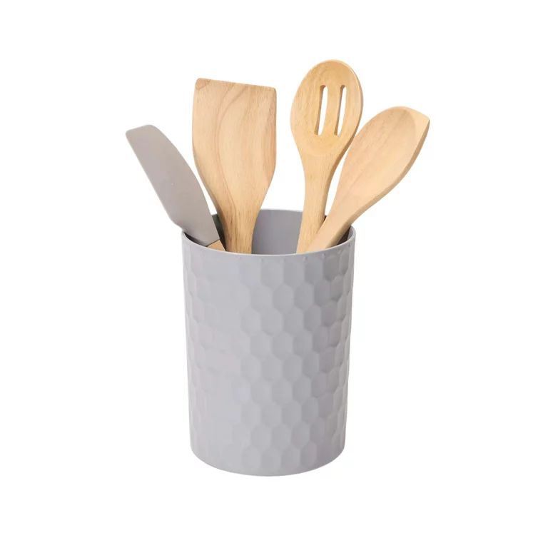 Mainstays 5-Piece Utensil Crock and Silicone and Wood Tool Set, Gray | Walmart (US)