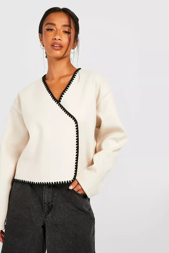 Petite Contrast Stitch Wool Look Boxy Jacket | Boohoo.com (UK & IE)