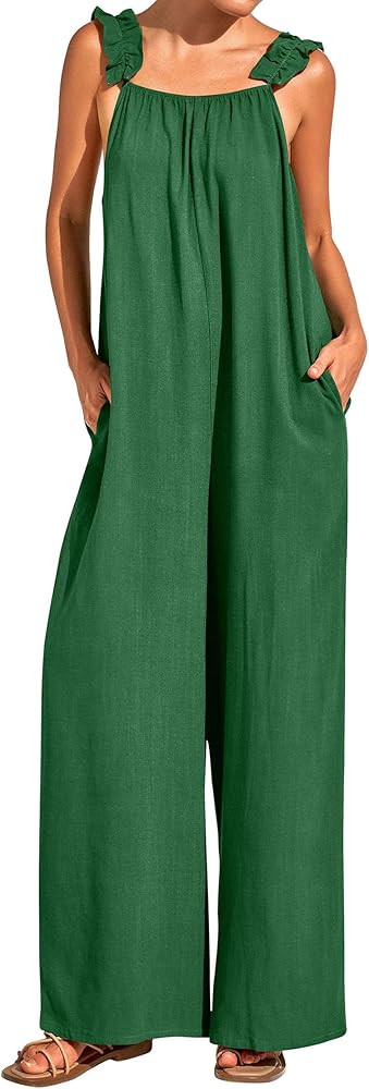 KIRUNDO Womens Overalls Casual Loose Sleeveless Wide Leg Jumpsuits Ruffle Spaghetti Strap Long Pa... | Amazon (US)