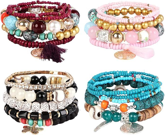 4/6 Sets Bohemian Stackable Bead Bracelets for Women Men Multilayered Stretch Bangles Bracelet Mu... | Amazon (US)