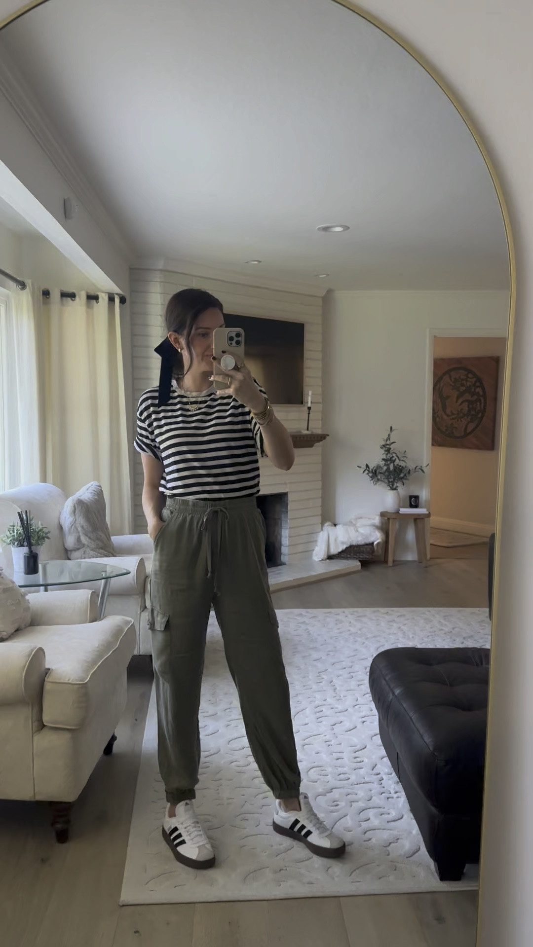 Stripes and bows. The pants are older but I found very similar cargo ones that are the same material and even on sale  