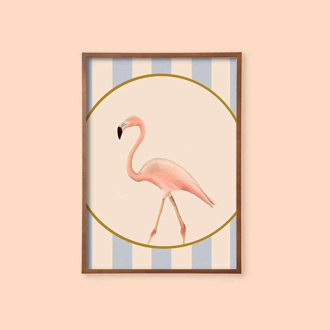 Flamingo art print, vintage style, maximalist poster on pink on blue stripes - A5, A4, A3 and 50 ... | Etsy (US)