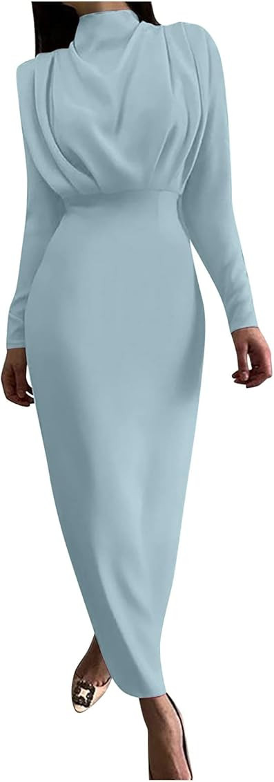 SGASY Elegant High Neck Ruched Slim Fit Long Dresses for Women Long Sleeve High Waist Stretch Ful... | Amazon (US)
