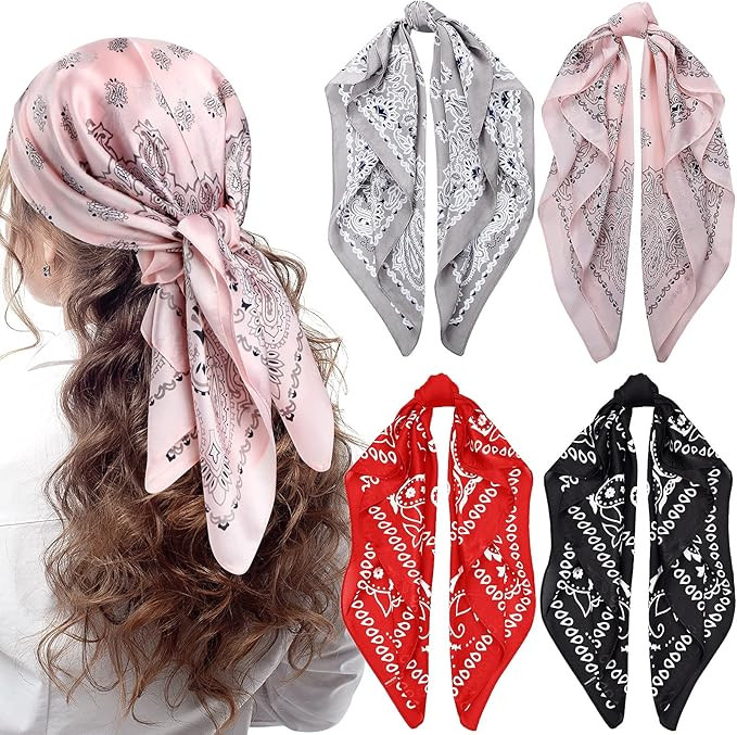 Syhood 4 Pcs 27'' Square Silk Bandana Satin Head Scarves for Women Silk Like Neck Scarf Durag Hai... | Amazon (US)