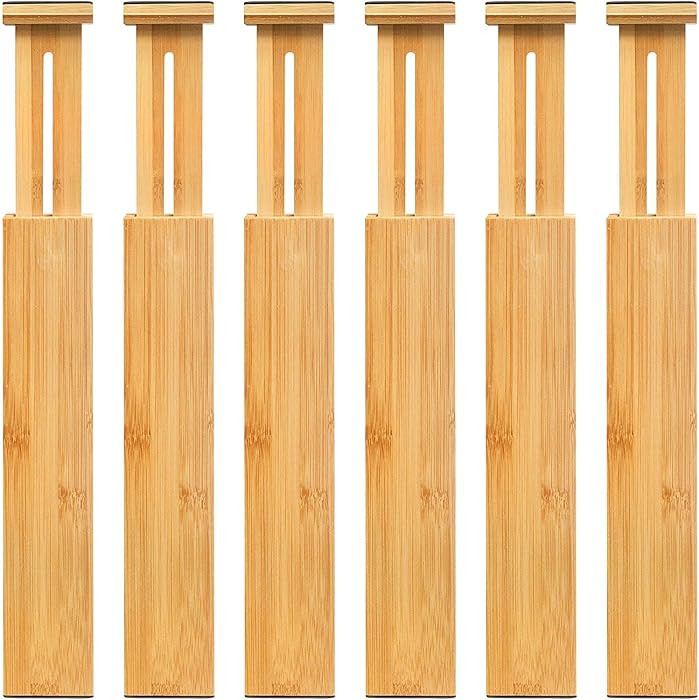 VaeFae 6-Pack Adjustable Bamboo Drawer Dividers, Expandable Drawer Organizer for Kitchen Utensils... | Amazon (US)