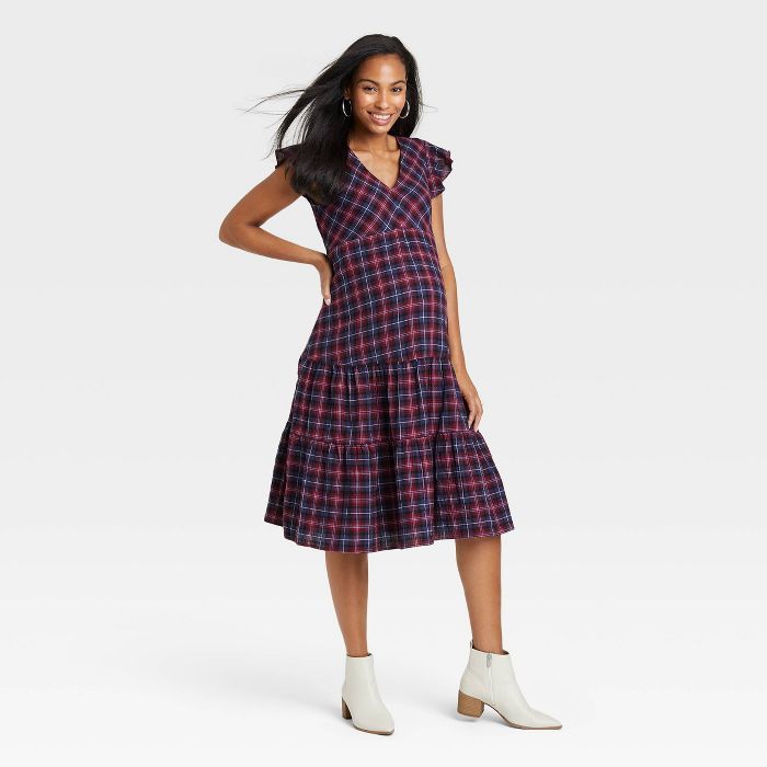 The Nines by HATCH™ Short Sleeve Tiered Maternity Dress - Berry Purple Plaid | Target