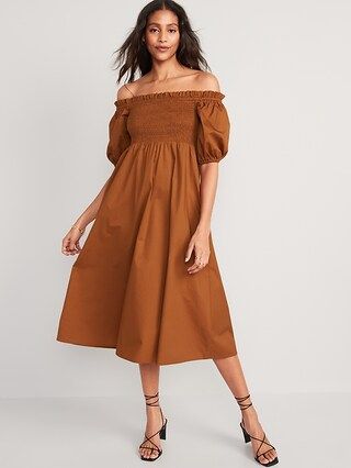 Fit & Flare Off-The-Shoulder Puff-Sleeve Smocked Cotton-Poplin Midi Dress for Women | Old Navy (US)
