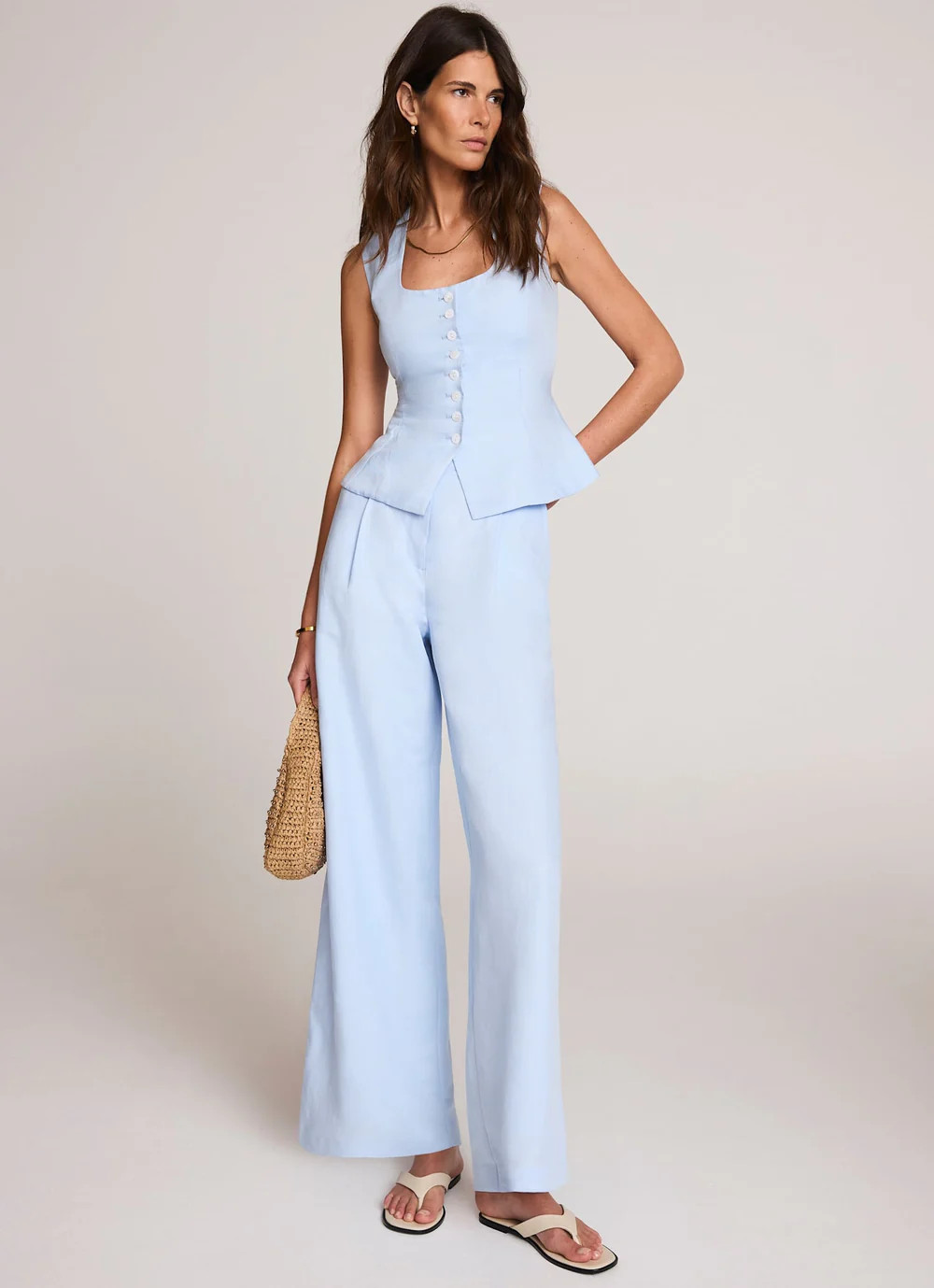 Pale Blue Linen Blend Peplum Waistcoat | Mint Velvet