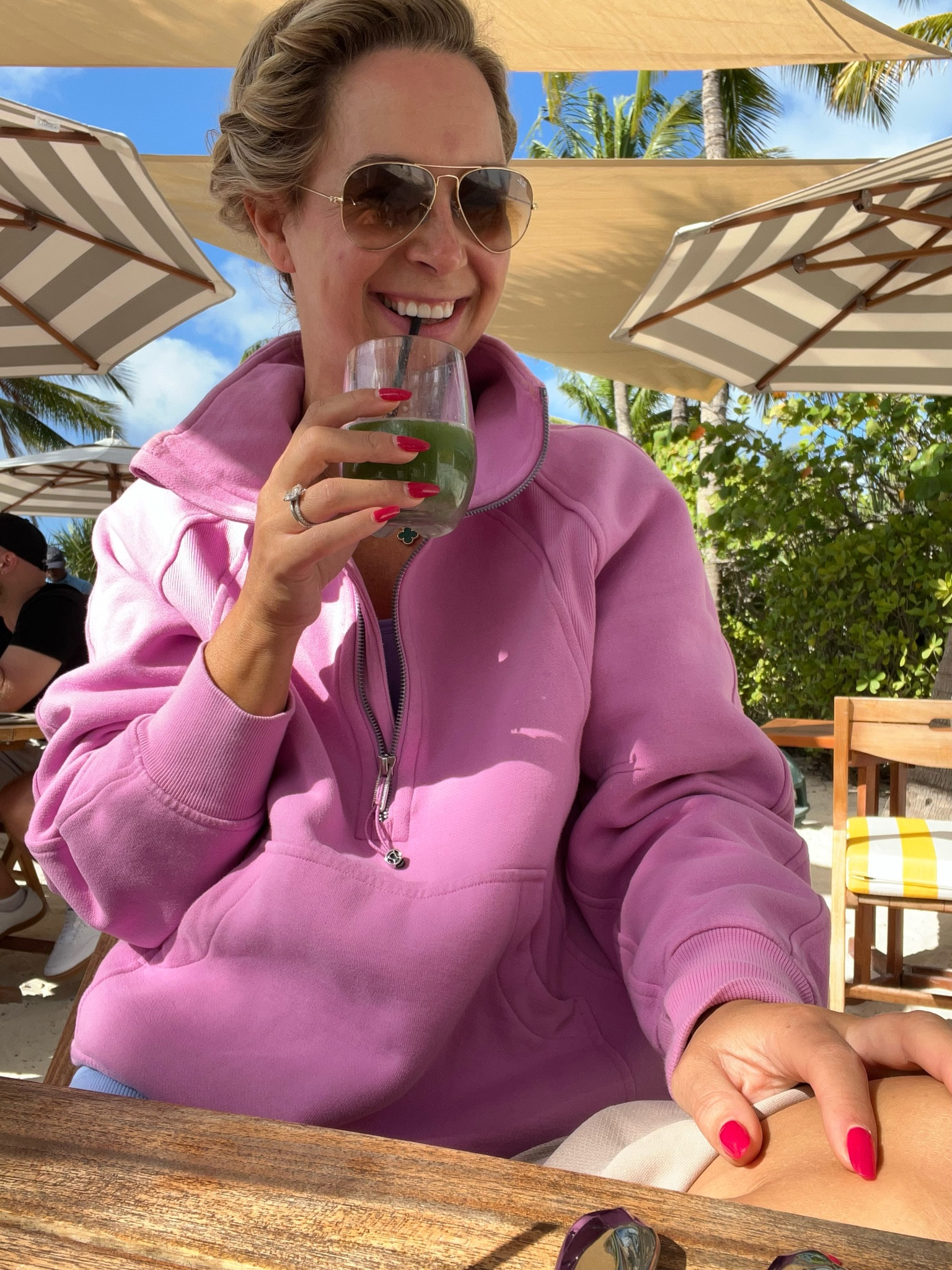 The exact color of my Lululemon sweatshirt is sold out, but I listed some other options. I love this Lululemon sweatshirt and the length.