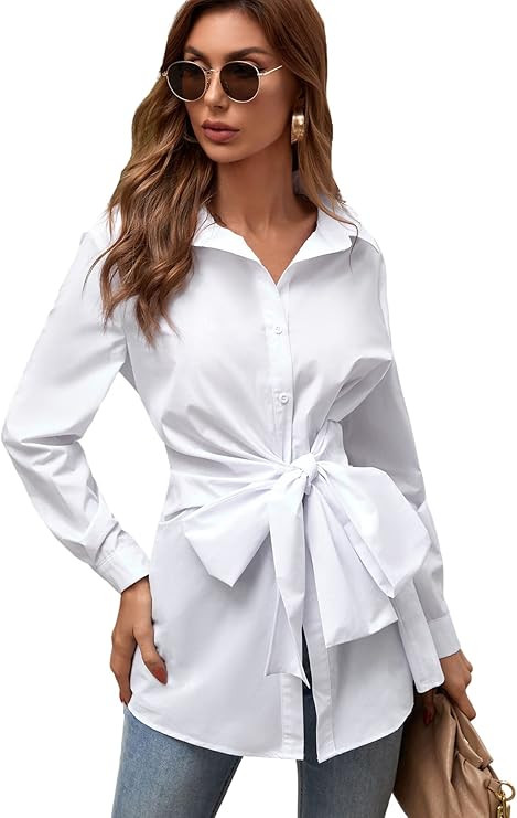 SheIn Women's Tie Front Button Up Blouse Shirt Bishop Long Sleeve Collar Longline Tunic Top | Amazon (US)