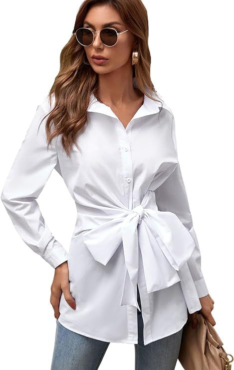 SheIn Women's Tie Front Button Up Blouse Shirt Bishop Long Sleeve Collar Longline Tunic Top | Amazon (US)