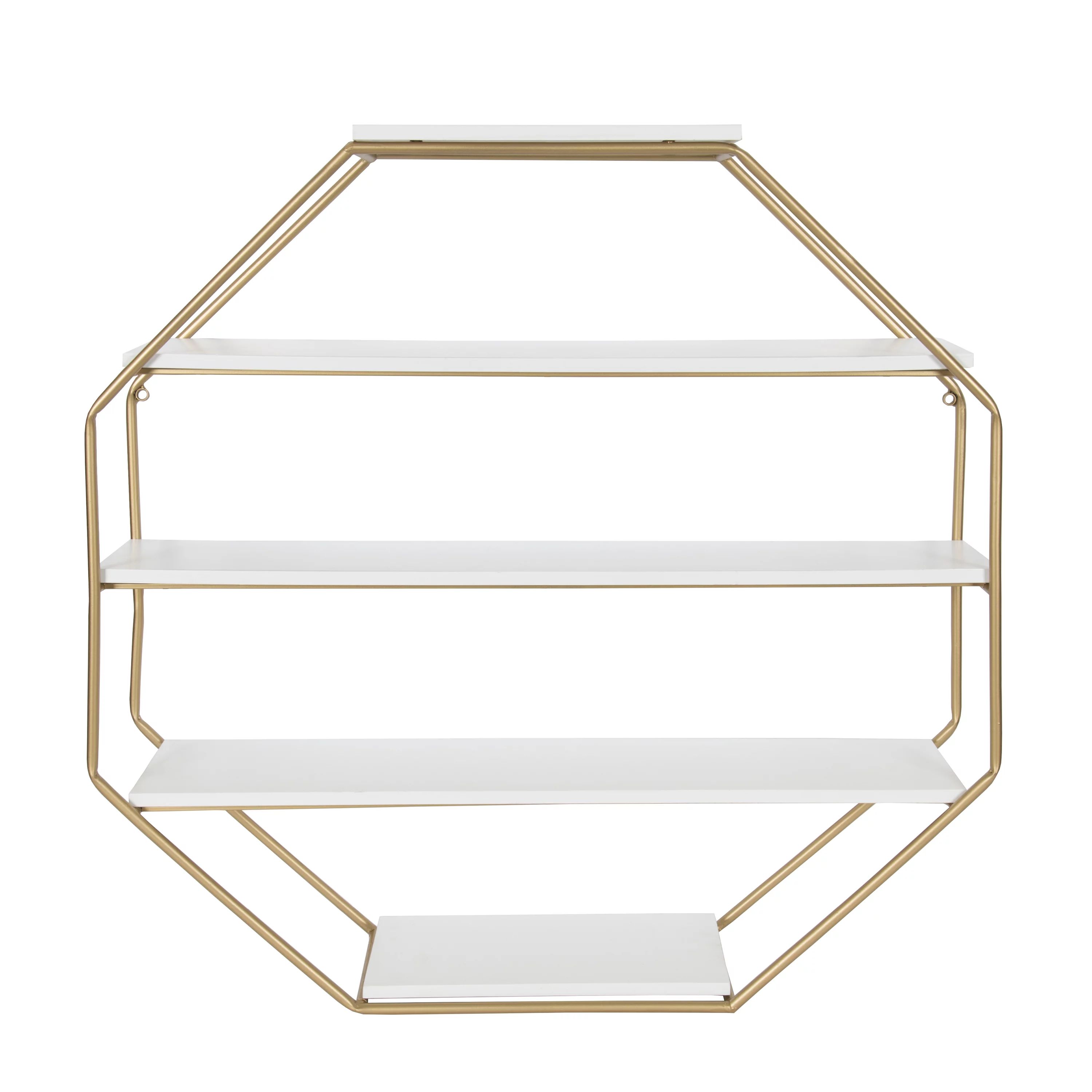 Kate and Laurel Lintz Large Modern Octagon Floating Wall Shelves with Metal Frame, Gold and White | Walmart (US)