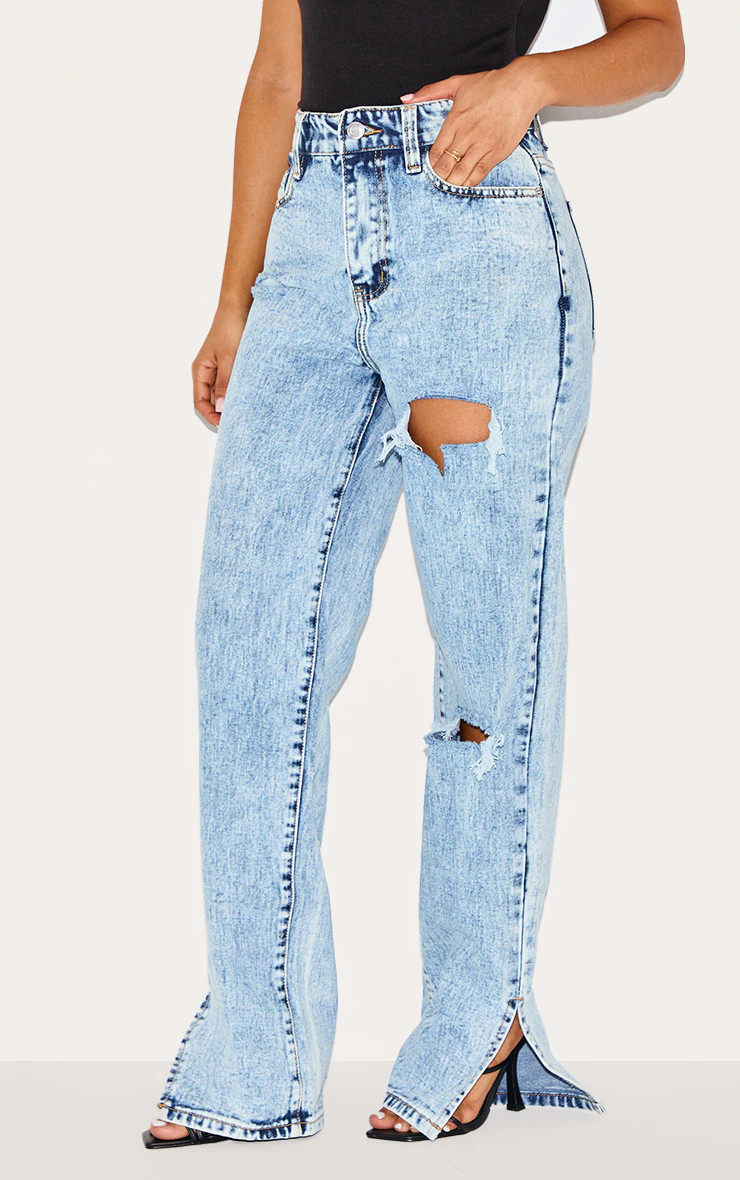 Petite Ice Blue Ripped Split Hem Jeans | PrettyLittleThing US