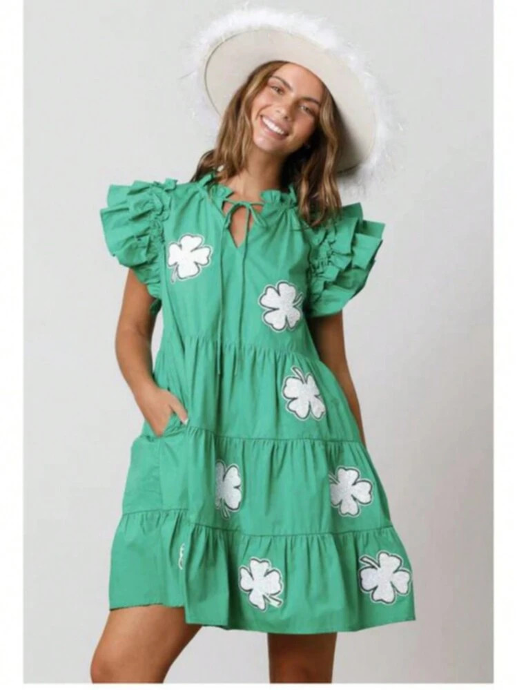 Womens Green St. Patrick's Day Mini Dress Cute Clover Print Flying Sleeve Babydoll Short Dress | SHEIN