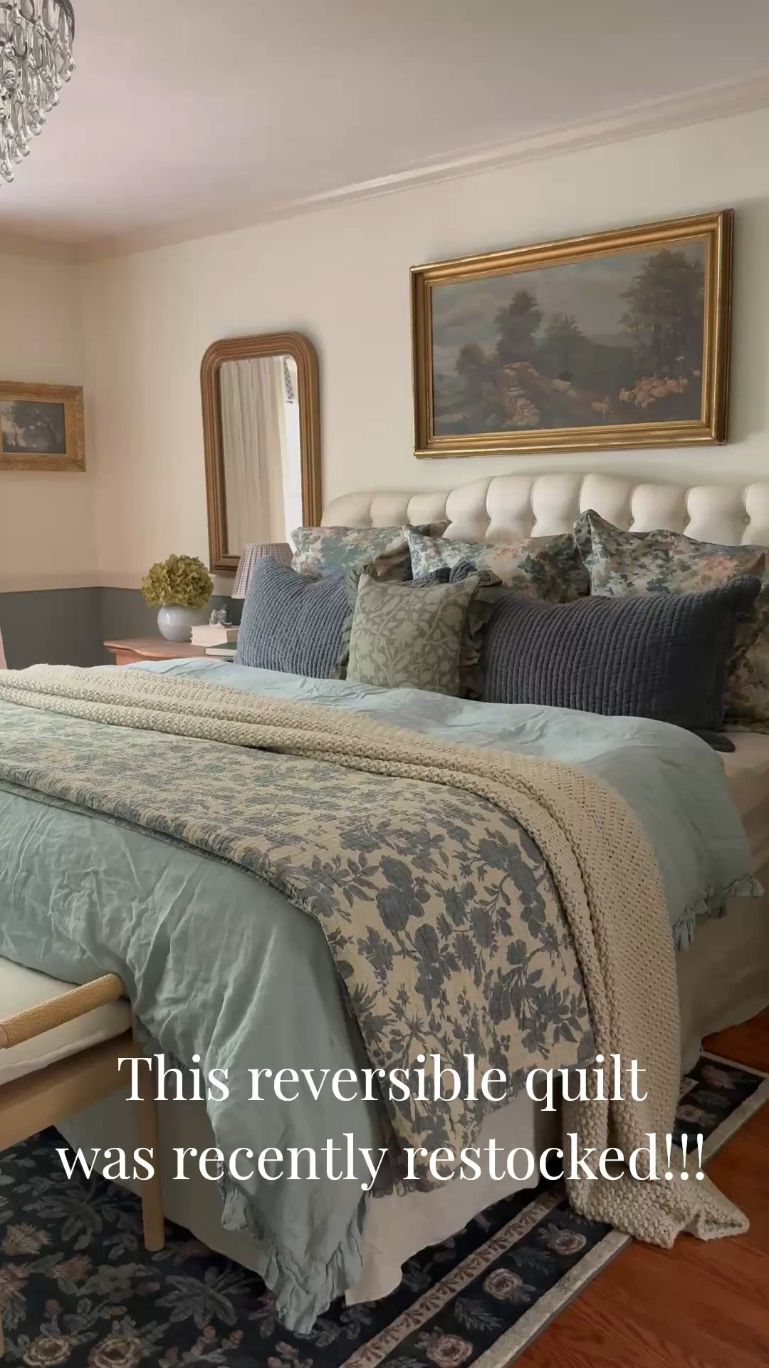 Reversible blue floral quilt, chunky knit throw blanket, ruffled linen duvet cover, linen bedskirt, floral cloud pile Loloi rug, velvet sham, accent pillow, green floral pillow with ruffle, toile Euro percale sham, arched gold mirror, custom triple pleat linen curtains, crystal chandelier 

#LTKSaleAlert #LTKHome #LTKSeasonal