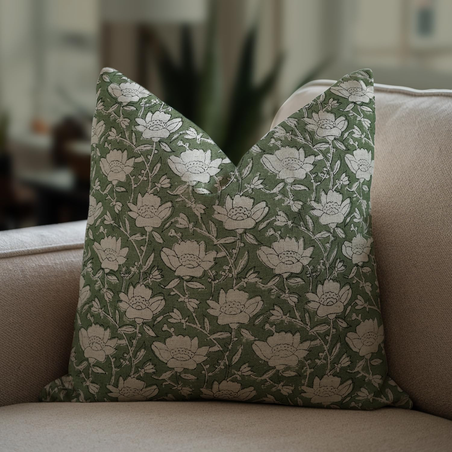 Block Print Handmade Cotton Linen Elegant Decorative Throw Cushion Cover Square 22"X22" Floral Pi... | Amazon (US)