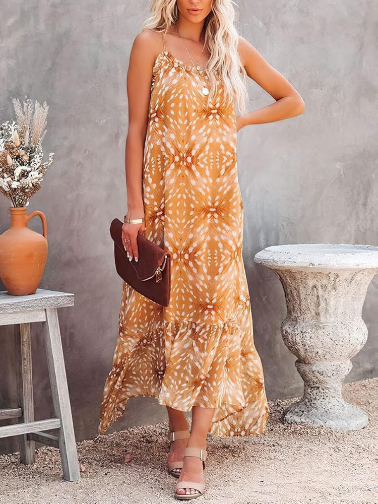 ANRABESS Womens Summer High Low Ruffle Maxi Dress Spaghetti Strap Print Flowy Beach Long Dress | Amazon (US)