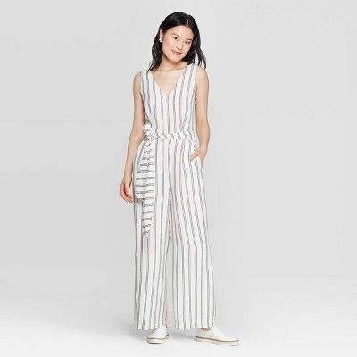 Women's Striped Sleeveless V-Neck Jumpsuit - A New Day™ Cream | Target