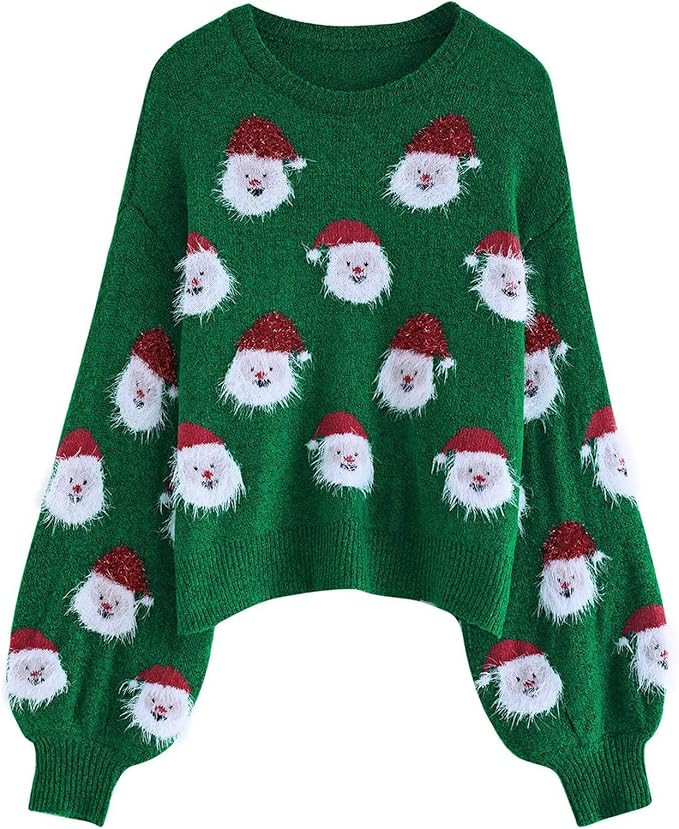 CHICWISH Women's Black/Green/Pink/Red Fuzzy Santa Claus Knit Top | Amazon (US)