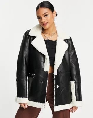 QED London coated longline aviator jacket with contrast shearling in black | ASOS (Global)