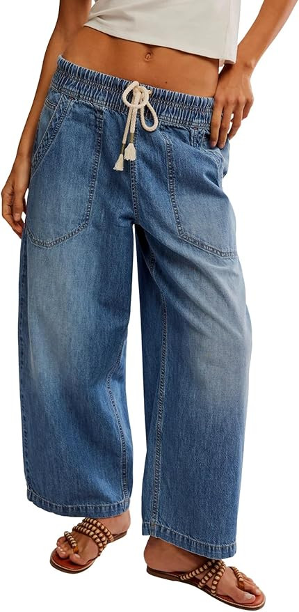 Women Barrel Jeans Casual Wide Leg Baggy Elastic Mid Rise Boyfriend Y2k Loose Denim Pants with Dr... | Amazon (US)