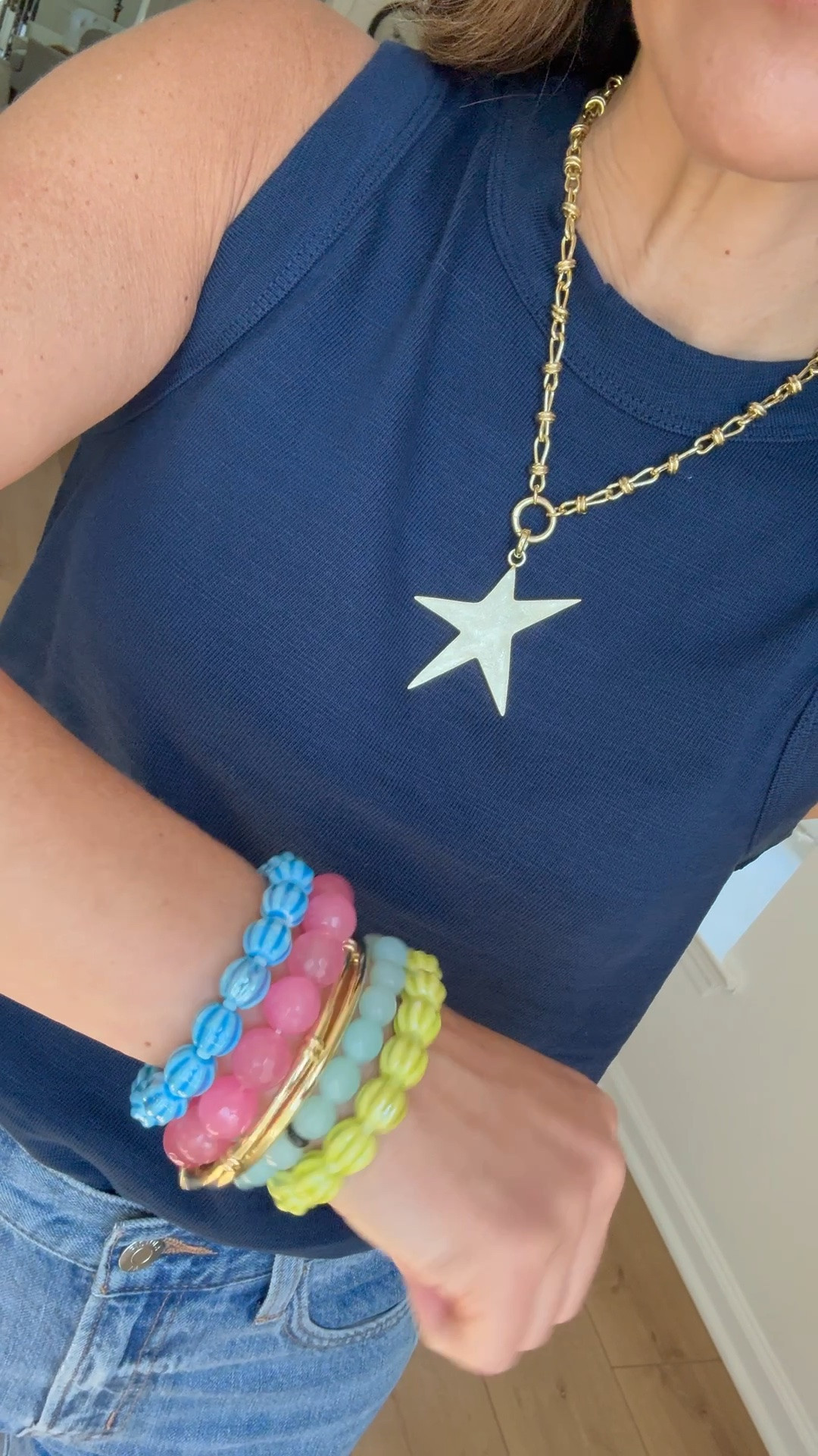 Jewelry code JUNEVIP for 30% off one time use or code HOUSEOFLEO20. Navy blue tank top XS petite. Star necklace, beaded bracelets, Summer jewelry.

#LTKSaleAlert #LTKOver40