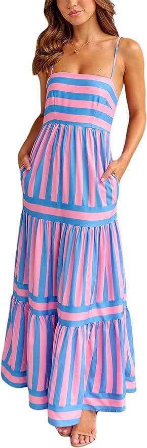 Women Summer Striped Flowy Maxi Dress Sleeveless Tie Shoulder Boho Long Dress Y2k Stripes Beach V... | Amazon (US)