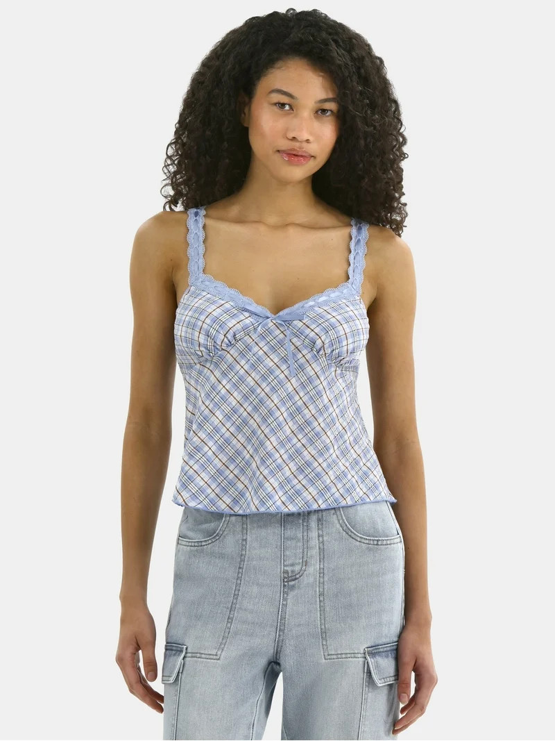 No Boundaries Woven Lace Plaid Cami, Women’s - Walmart.com | Walmart (US)