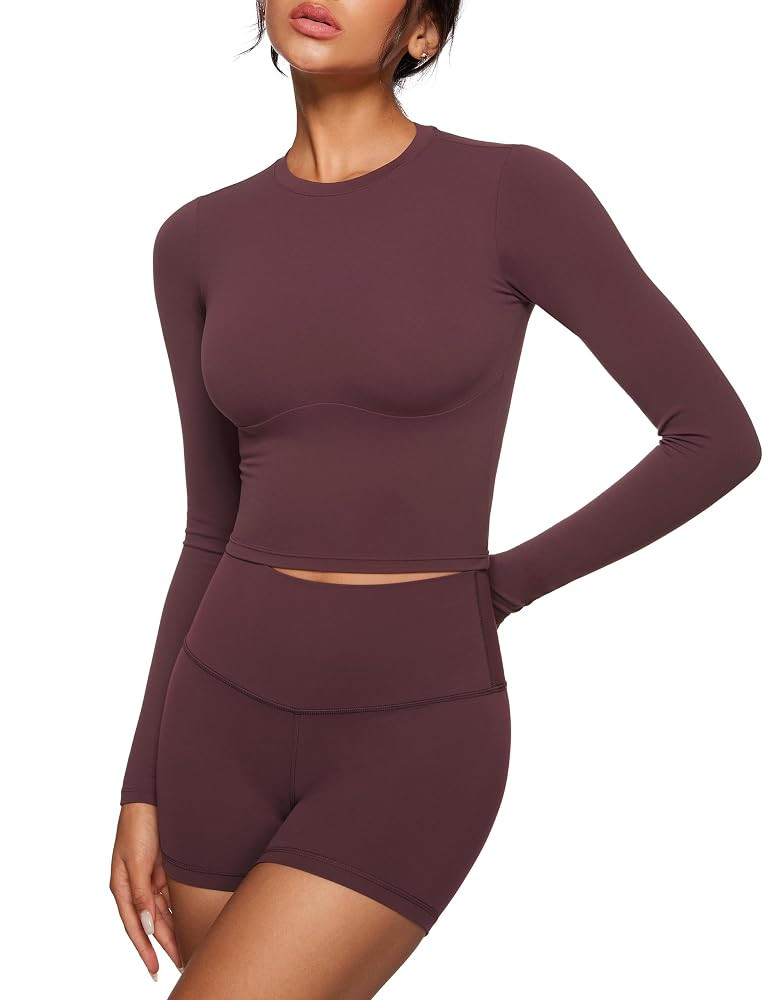 Womens Long Sleeve High Round Neck Crop Yoga Shirts Workout Slim Fit Casual Yoga Gym Tops | Amazon (US)