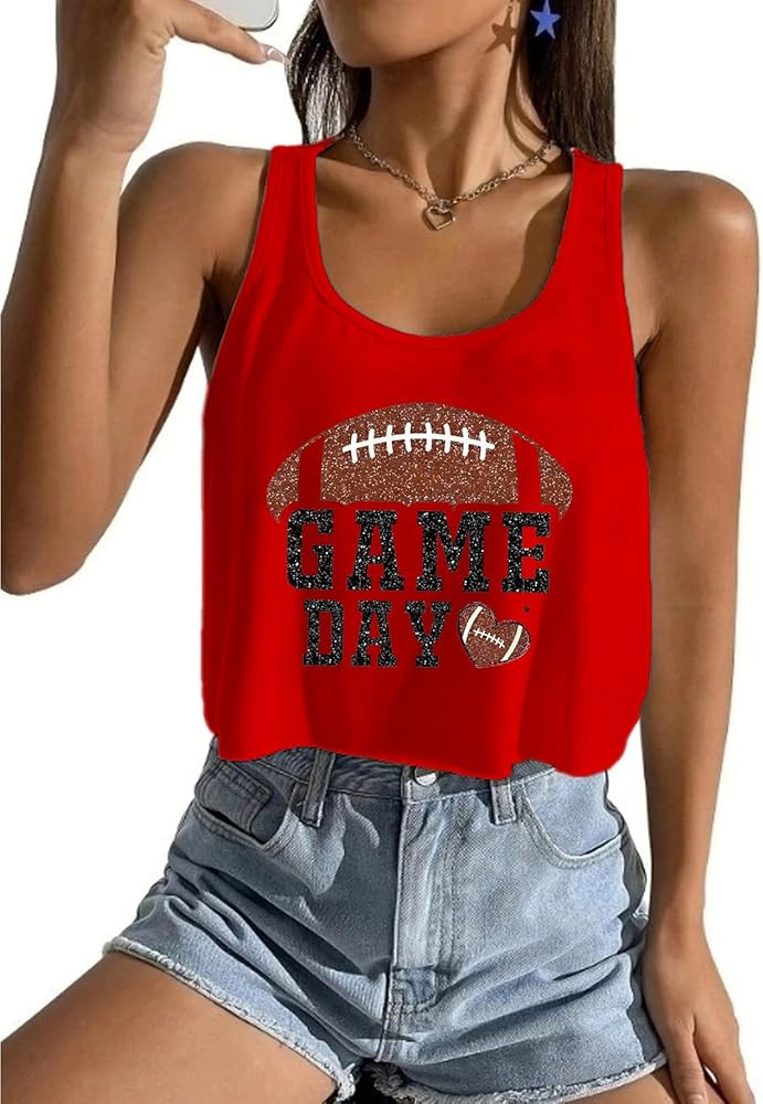 Game Day Shirt Women's Sexy Football Crop Tank Vintage Shirt Sport Season Sleeveless Tee Tops | Amazon (US)