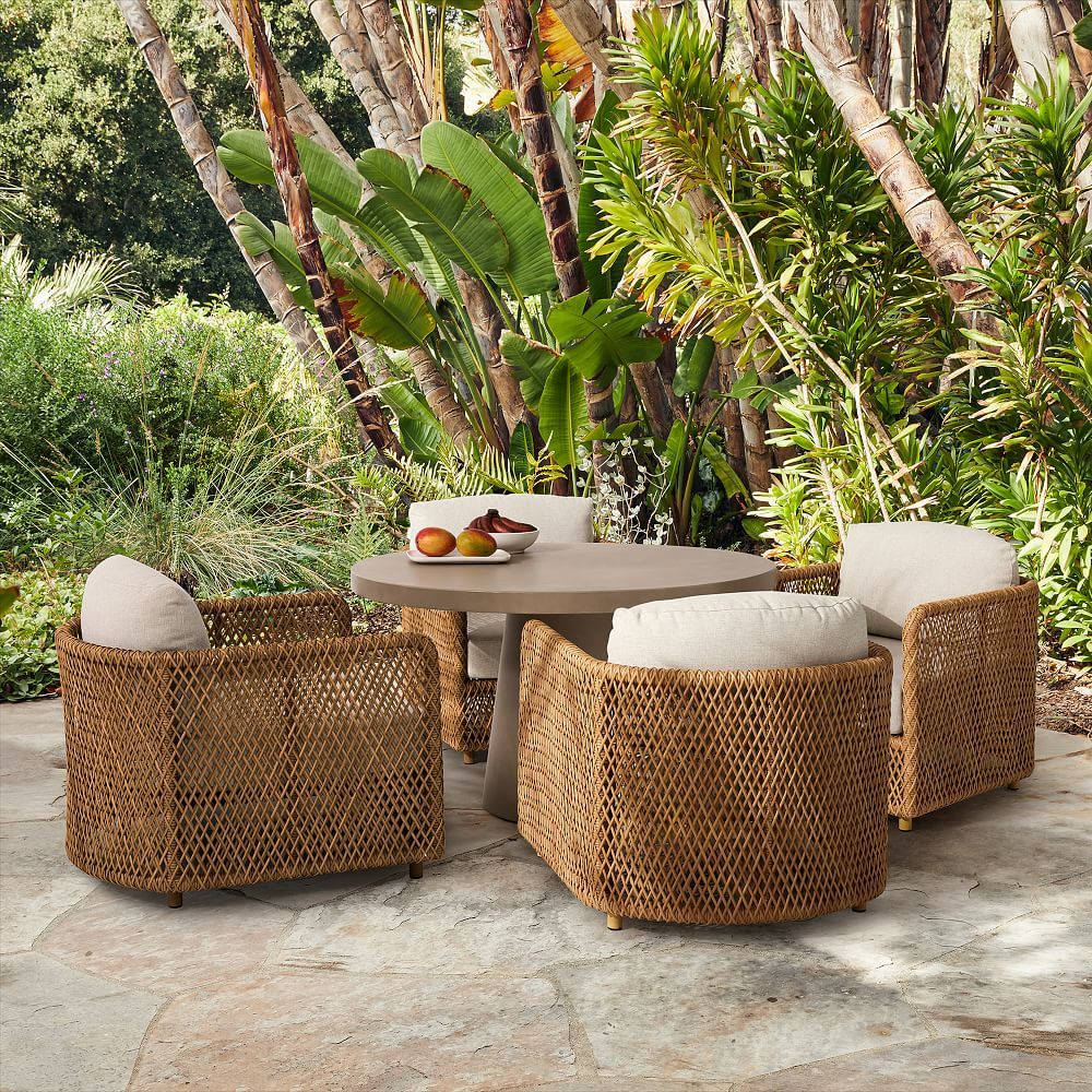 Concrete Outdoor Pedestal Continental Dining Table & Coastal Petite Lounge Chairs Set | West Elm (US)