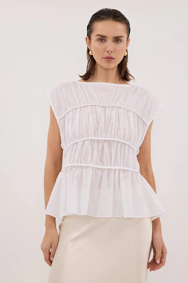 FLYNN WHITE LINEN BLEND TIERED TOP | DISSH
