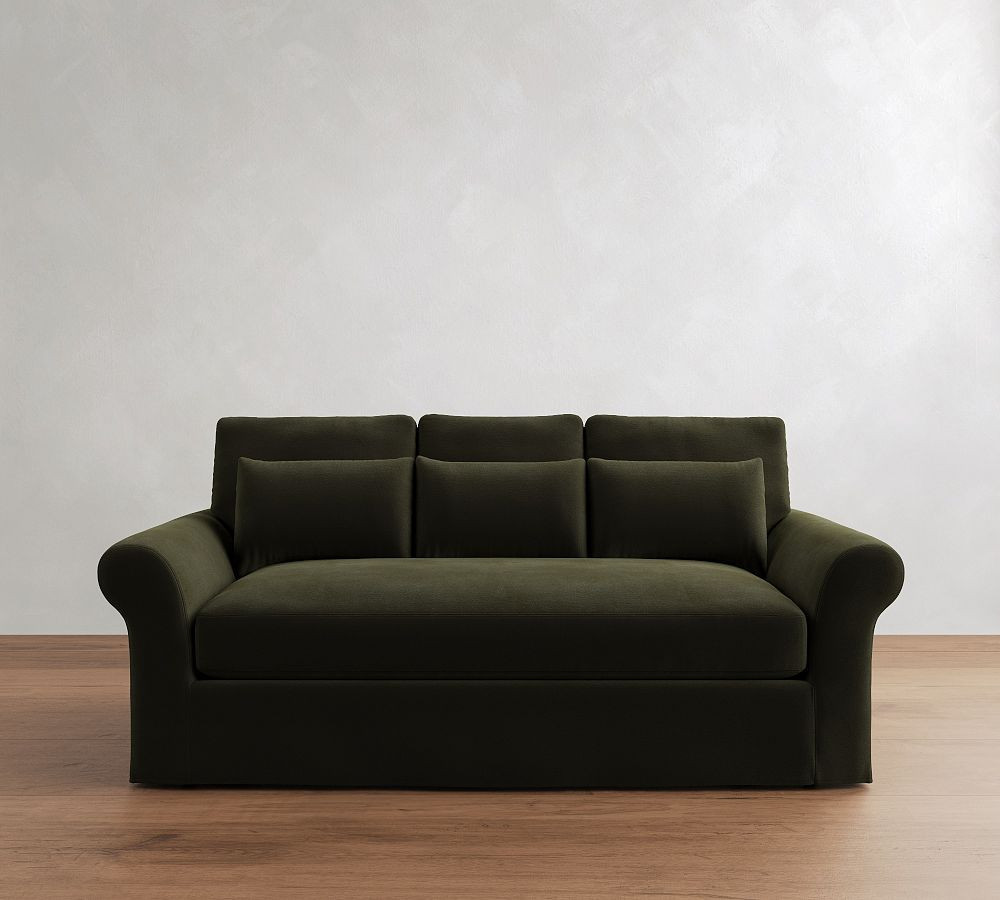 PB Comfort Modern Roll Arm Slipcovered Deep Seat Sofa 82" 3X1, Down Blend Wrapped Cushions, Faux Mohair Velvet Loden | Pottery Barn (US)