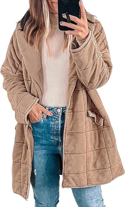 Women's Quilted Lightweight Jacket Dolman Long Sleeve Button Down Long Coats Warm Winter Outwears... | Amazon (US)