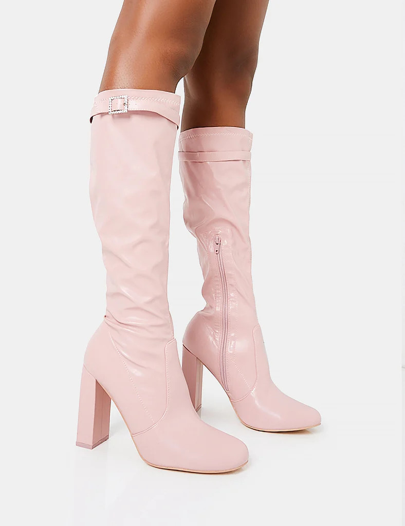First Class Dusty Pink Pu Diamante Buckle Strap Detail Rounded Toe Knee High Block Heeled Boots | Public Desire