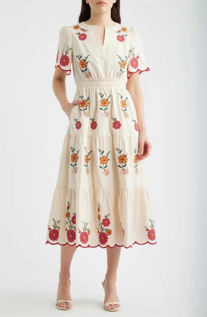 Embroidered Puff Sleeve Midi Dress | Nordstrom