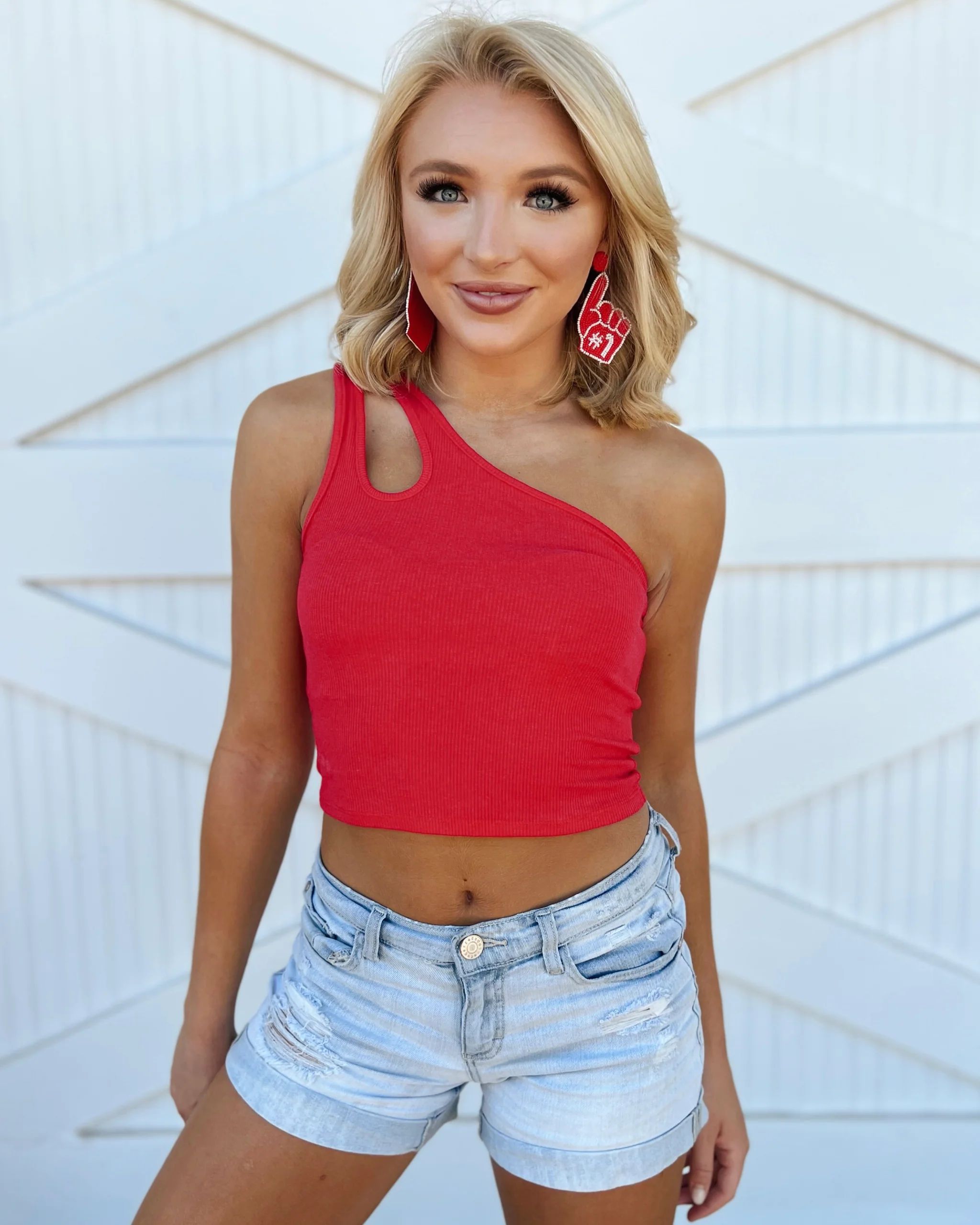 Red Ribbed One-Shoulder Tank | Live Love Gameday®