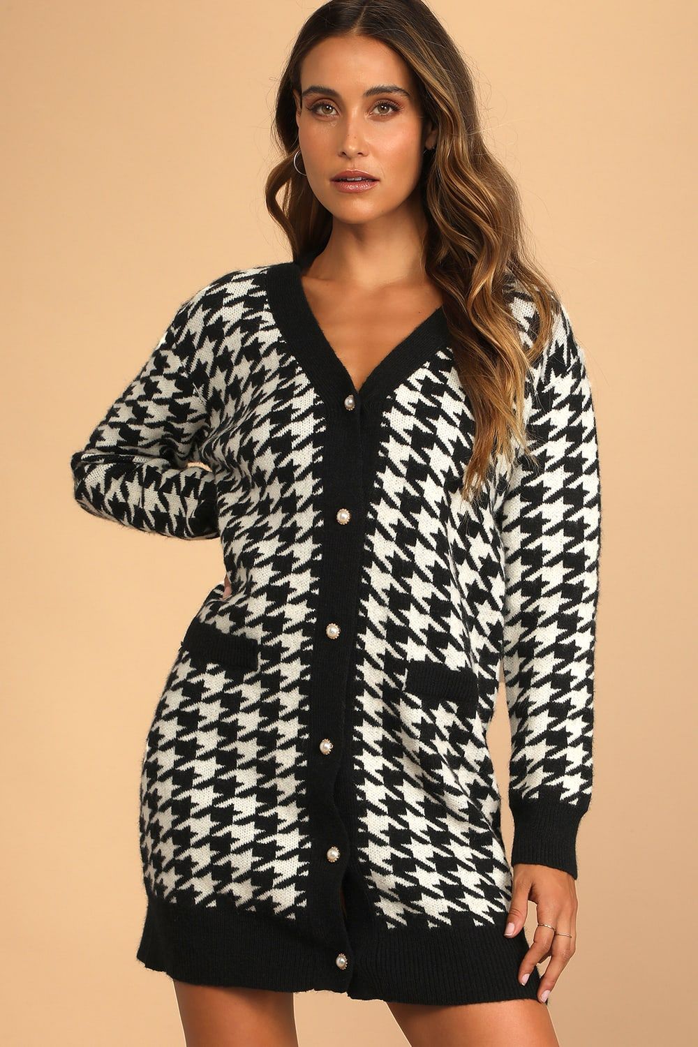 Truly Iconic Black and White Houndstooth Cardigan Sweater Dress | Lulus (US)