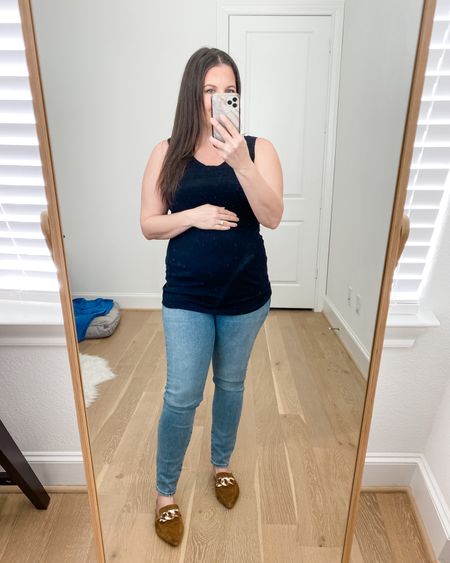 Amazon maternity fashion / black tank top (m) comes in 2 pack ) / light blue over the belly pregnancy jeans / brown slides / casual outfit 

#LTKunder50 #LTKFind #LTKbump