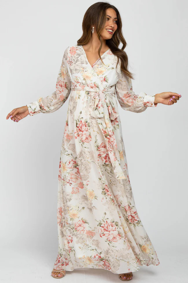 Ivory Floral Chiffon Maternity Maxi Dress | PinkBlush Maternity